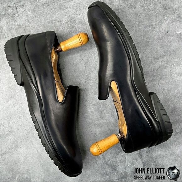 JOHN ELLIOTT SPEEDWAY LEATHER LOAFERS IN BLACK BUFFED CALFSKIN MEN’S LUXURY SHOE - Picture 5 of 16